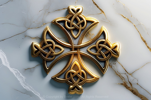 Shiny Golden Celtic Cross Symbol On Marble Background