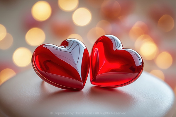 Two Glossy Red Love Heart Shaped Side By Side Against Blurred Bokeh Background