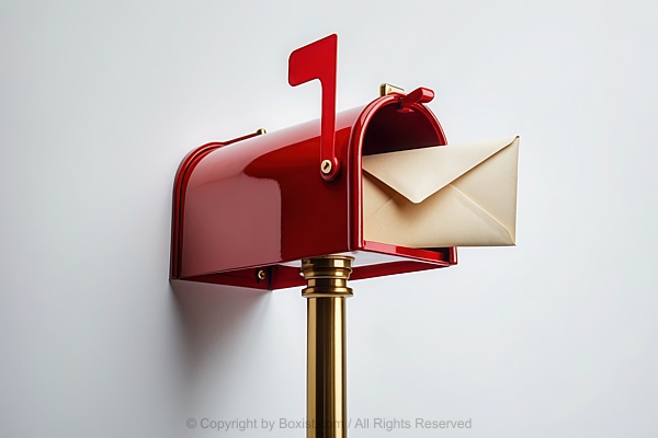 Red Mailbox With Envelope Mounted On Gold Pole