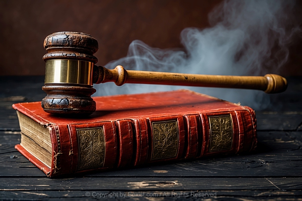 Old Wooden Gavel Resting On An Old Red Leather Bound Book