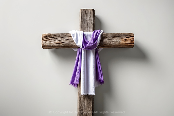 Draped White And Purple Cloth On Wooden Two Weathered Wooden Beams Cross