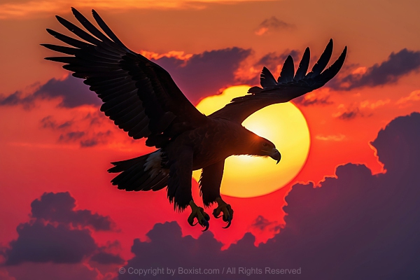 Eagle Silhouette In Mid Flight Against Vibrant Sunset