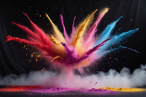 Dust Cloud With Vibrant Colored Pigments Powder Against Black Backdrop