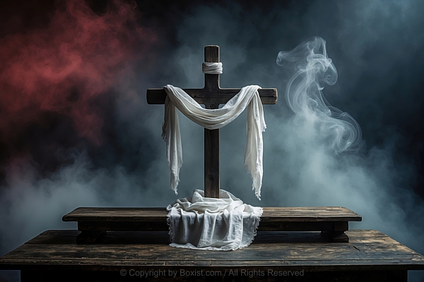 Wooden Old Cross On Old Table With Draped White Cloth