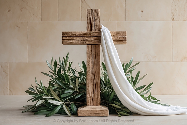 Wooden Cross With Draped White Cloth And Green Olive Branches
