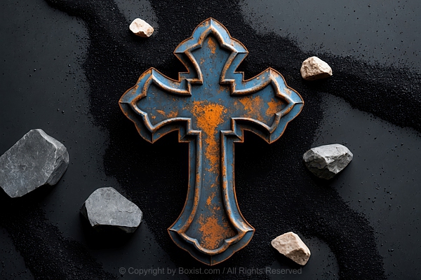 Rusty Grunge Old Gothic Cross With Small Rocks On Black Background