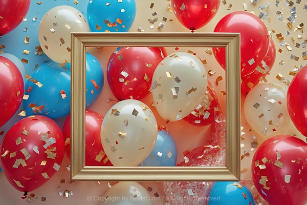 Gold Frame With Vibrant Red And Blue Balloons Scattered With Shimmering Confetti Pieces