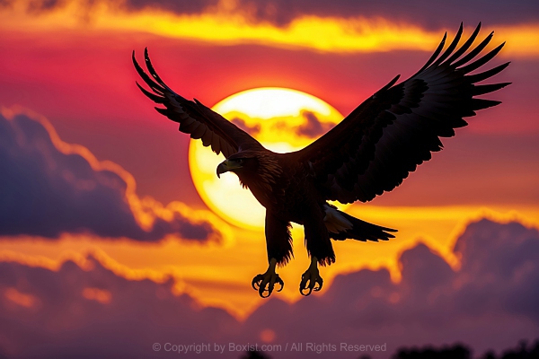Eagle Silhouette In Flight Against Vibrant Sunset