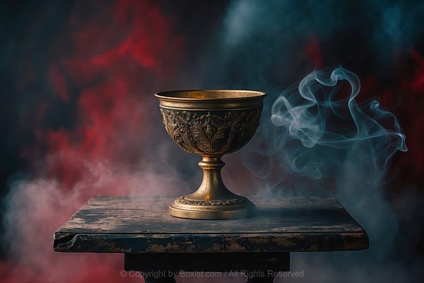 Decorative Golden Cup Of Life Chalice Placed On Old Wooden Table With Wisps Of Smoke Background