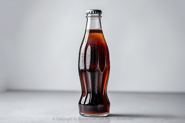 Single Glass Bottle Filled With Cola Beverage With Condensation Droplets
