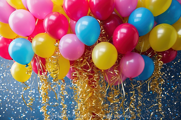 Colorful Balloons Rises And Tangled With Golden Ribbons