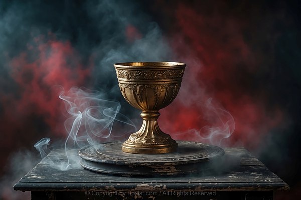 Cup Of Life Chalice Placed Centrally On A Old Wooden Table With Wisps Of Smoke
