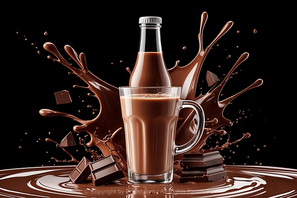 Cocoa Drink In Glass And Bottle With Splashes Of Chocolate