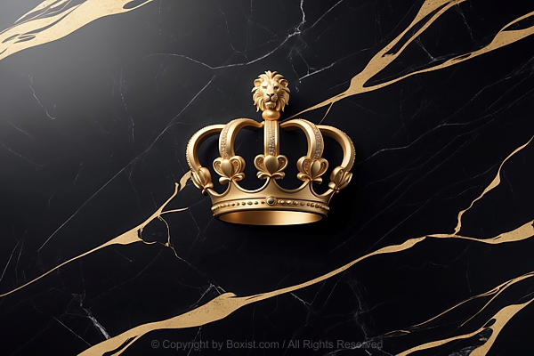 Golden Crown With Lion Head 3D Model With Intricate Details Against Black Marble Background