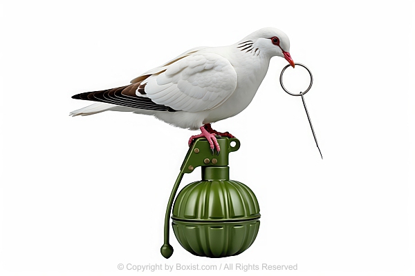 White Dove Perched On Top Of Hand Grenade Holds The Grenade Pin In Its Beak