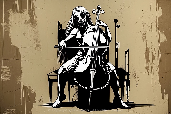 Graffiti Street Art Featuring Figure Wearing Gas Mask And Playing Cello