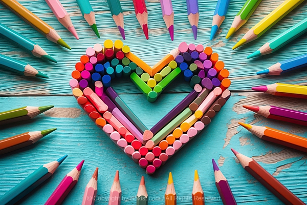 Vibrant Colorful Arrangement Of Colored Pencils And Crayons Forming Heart Shape