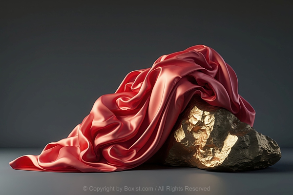Gold Rock With Flowing Red Silk Fabric Draped Over