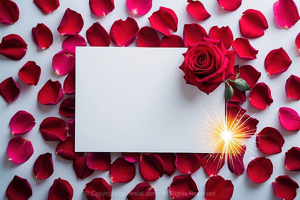 Greeting Card With Vibrant Celebratory Style Rectangular Empty White Card And Red Rose Petals