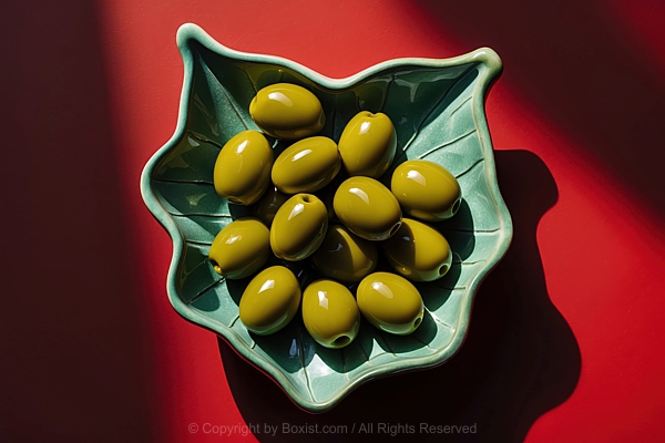 Green Olives Neatly Placed In A Ceramic Bowl