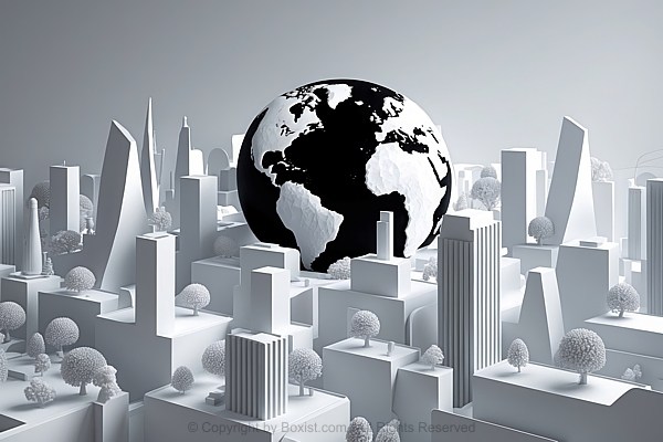 Globe In The Middle Of Modern City Buildings Model 3D Design