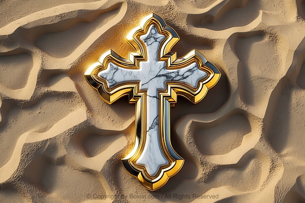 Gold And Marble Shiny Gothic Cross On Sand Background