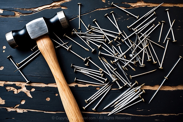 Hammer With With A Scattered Nails On Wooden Table