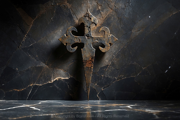 Cross Of Saint James Rusty Metal Against Dark Marble Background