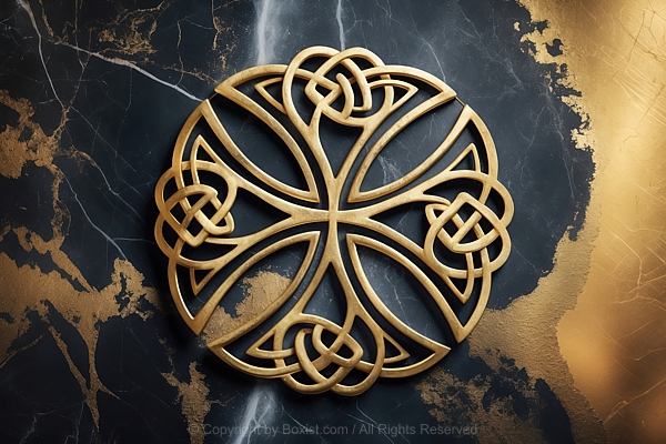 Decorative Celtic Knot Cross In Gold Color Placed On Black Golden Marble