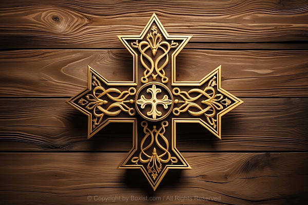 Golden Decorated Coptic Cross Symbol 3d Design On Wooden Grains Background