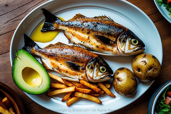 Grilled Fish In Plate With Roasted Potatoes And Avocado And French Fries