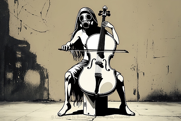 Graffiti Street Art Piece Featuring Woman Wearing A Gas Mask And Playing Cello