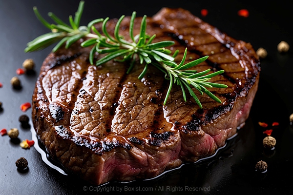 Grilled Steak With Oil And Spices And Sprig Of Fresh Rosemary