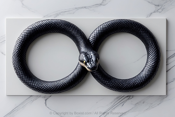 Infinity Symbol Black Snake Shape 3D Design On White Marble Background