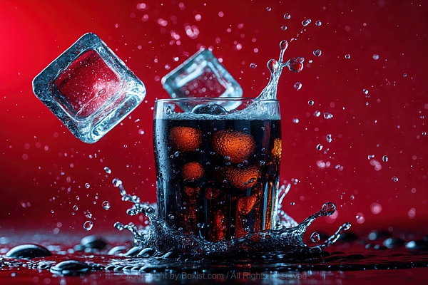 Ice Cubes Being Dropped Into Fizzy Cola Glass Splash