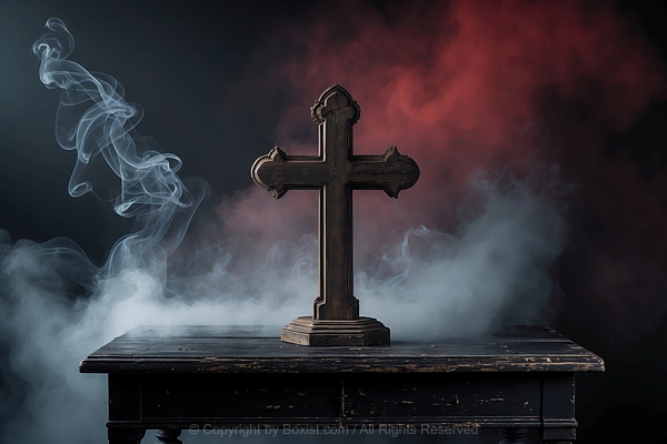 Wooden Cross On Old Wooden Table Smoke Background