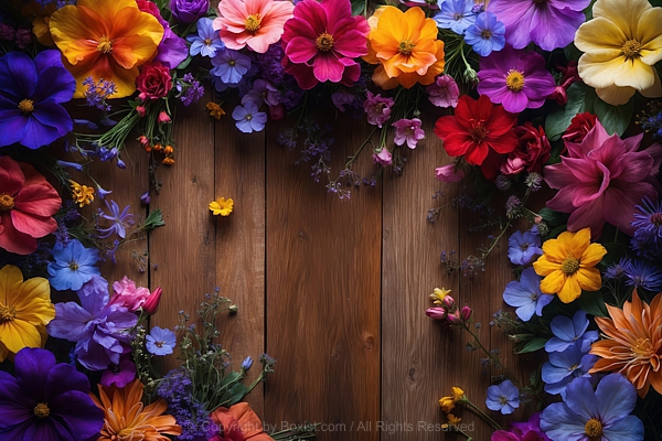 Wooden Background With Colorful Flowers With Rich And Varied Hues