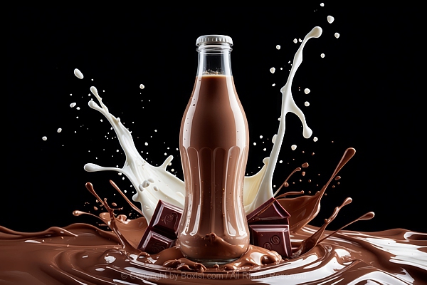 Glass Bottle Of Cocoa Drink With Splashes Of Chocolate And Milk Against Black Background