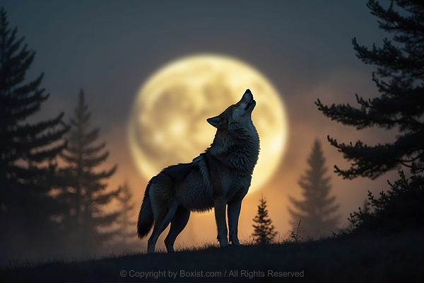 Wolf Howling With Moon In Background