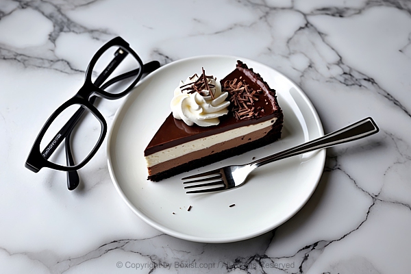 Slice Of Layered Chocolate Cake On White Plate With Fork And Pair Of Eyeglasses