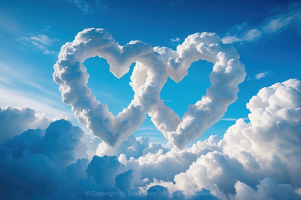 Vibrant Blue Sky With Two Heart Shapes Formed By The Cumulus Clouds