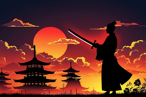 Silhouette Design Of Samurai Holding Sword Against Dramatic Sunset Scene