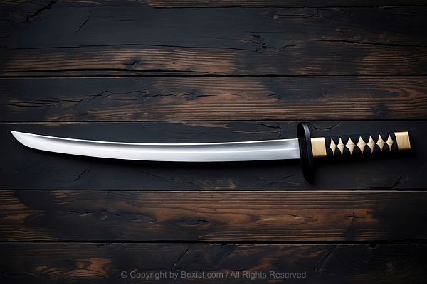 Japanese Katana Sword Set Against Black Wooden Background