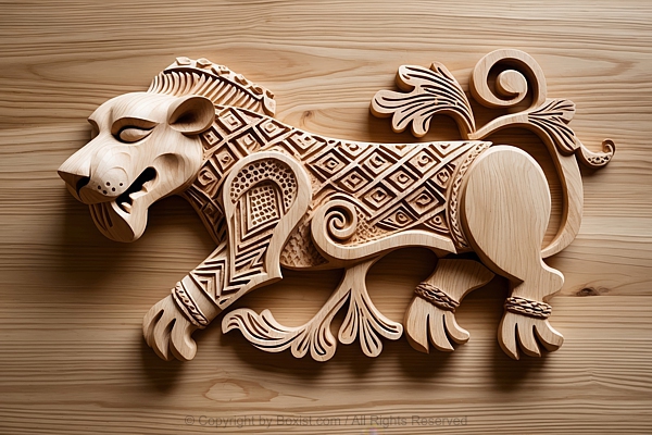 Wooden Carved Lion Artwork On Wooden Background