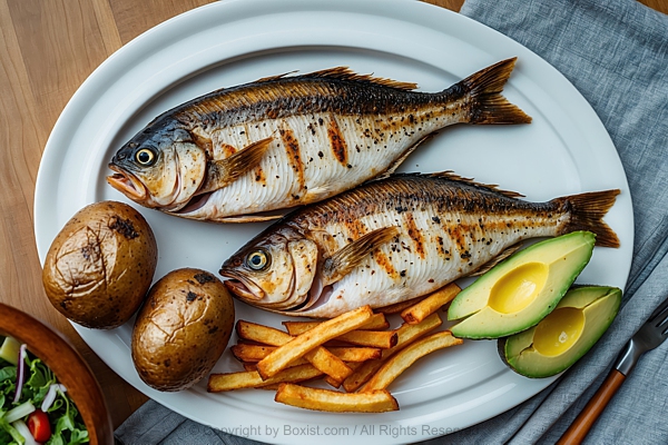 Plate With Whole Grilled Fish With Roasted Potatoes And Slices Of Ripe Avocado And French Fries