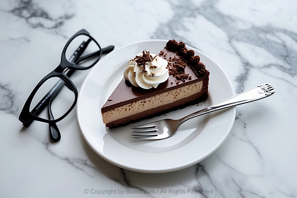 White Plate With Slice Of Layered Chocolate Cake With Silver Fork And Pair Eyeglasses