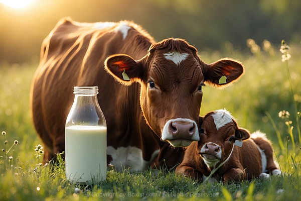 Brown Cow And Calf In Green Meadow With Bottle Filled With Milk