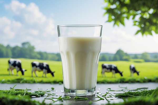Glass Of Milk With Cows In Green Field Background