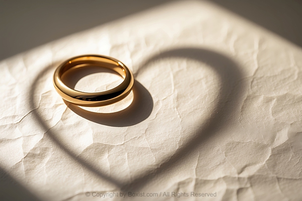 Gold Ring On Paper Surface With Love Heart Shadow