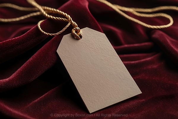Empty Clothing Tag With Gold Silk Cord On Red Fabric